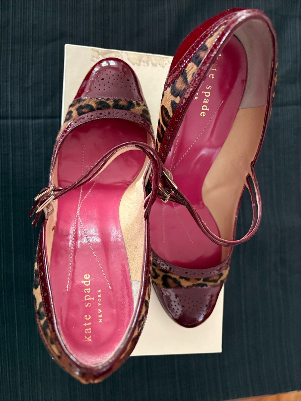 Kate Spade Patent Burgundy Mary Jane Heels with Leopard Trim